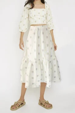 Glamorous Midi & Midaxi Skirts|Yellow Stripe Flower Ruffle Midi Skirt -