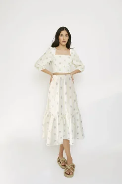 Glamorous Midi & Midaxi Skirts|Yellow Stripe Flower Ruffle Midi Skirt -