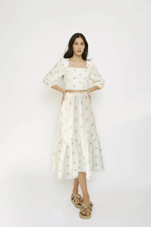 Glamorous Midi & Midaxi Skirts|Yellow Stripe Flower Ruffle Midi Skirt -