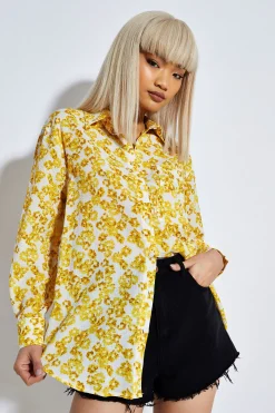 Glamorous Chic Escapes|Blouses & Shirts|Yellow Texture Ditsy Button Front Shirt -