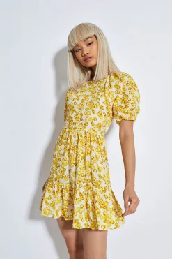Glamorous Chic Escapes|Mini Dresses|Yellow Texture Ditsy Open Back Mini Dress -
