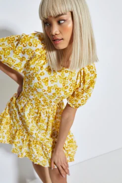 Glamorous Chic Escapes|Mini Dresses|Yellow Texture Ditsy Open Back Mini Dress -