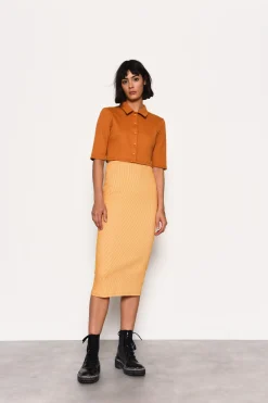 Glamorous Chic Escapes|Flat Shoes|Yellow Textured Flattering Cotton Blend Midi Skirt -