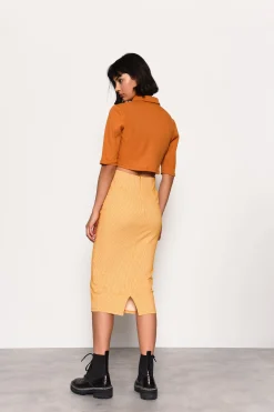 Glamorous Chic Escapes|Flat Shoes|Yellow Textured Flattering Cotton Blend Midi Skirt -