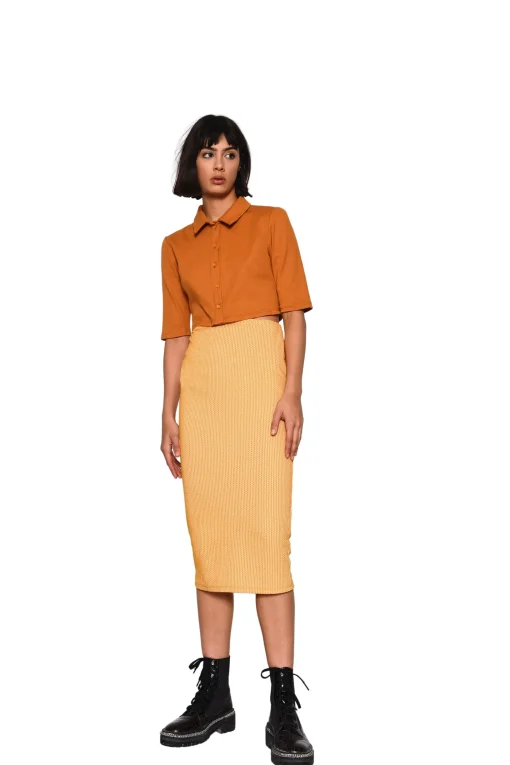 Glamorous Chic Escapes|Flat Shoes|Yellow Textured Flattering Cotton Blend Midi Skirt -