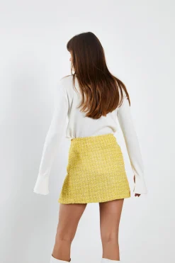 Glamorous Mini Skirts|Yellow Tweed Mini Skirt with Front Side Split -