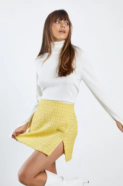 Glamorous Mini Skirts|Yellow Tweed Mini Skirt with Front Side Split -