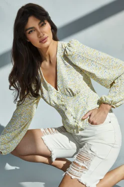 Glamorous Blouses & Shirts|Yellow Vintage daisy V-Neck Button Front Blouse -