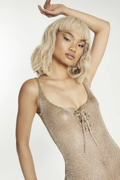 Glamorous Party Dresses|Going Out Dresses|Gold Tie-Front Crochet Mini-Dress -
