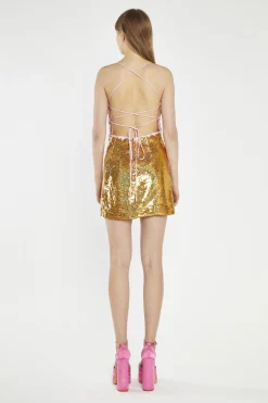 Glamorous Go To Partywear|Party Dresses|Gold-Pink Sequin Lace-Up Back Mini-Dress -