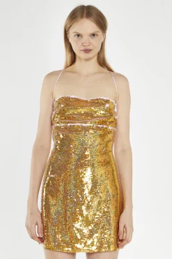 Glamorous Go To Partywear|Party Dresses|Gold-Pink Sequin Lace-Up Back Mini-Dress -
