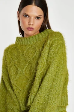 Glamorous Workwear|Co-ords|Grass-Green Cable-Knit Long Sleeve Jumper -