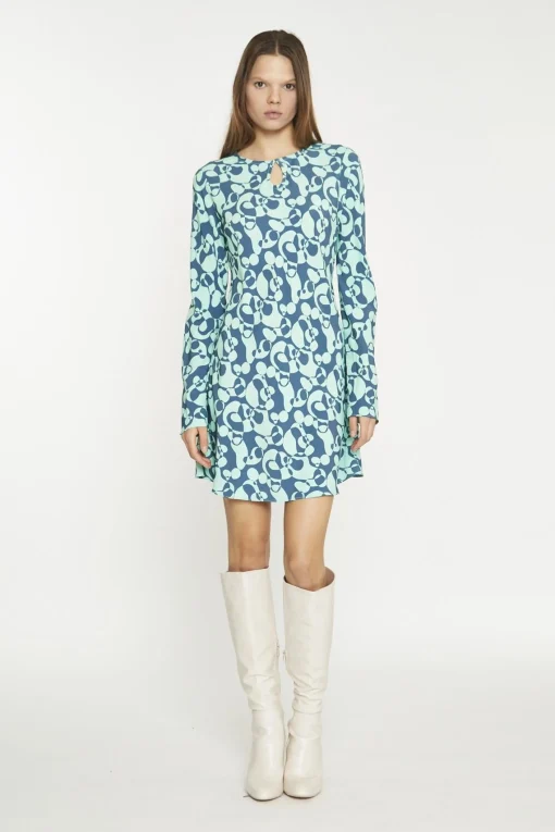 Glamorous Day Dresses|Mini Dresses|Green Abstract-Bubble Long-Sleeve Mini-Dress -