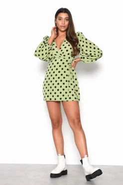 Glamorous Day Dresses|Mini Dresses|Green Brown Polka Dot Wrap Mini-Dress -