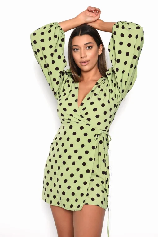 Glamorous Day Dresses|Mini Dresses|Green Brown Polka Dot Wrap Mini-Dress -
