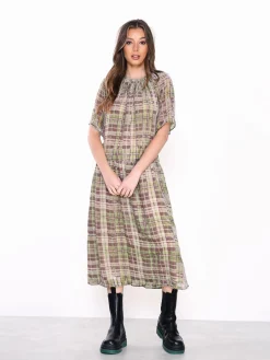 Glamorous Day Dresses|Midi & Midaxi Dresses|Green Devore Check High Neck Short Sleeve Midi Dress -