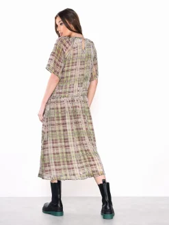 Glamorous Day Dresses|Midi & Midaxi Dresses|Green Devore Check High Neck Short Sleeve Midi Dress -
