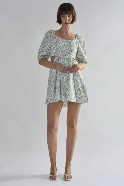 Glamorous Day Dresses|Mini Dresses|Green Ditsy Tie Back Square Neck Mini Dresses -