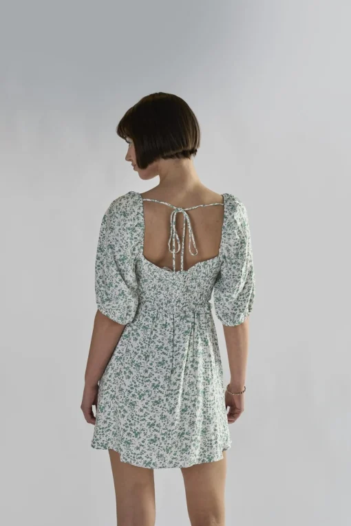 Glamorous Day Dresses|Mini Dresses|Green Ditsy Tie Back Square Neck Mini Dresses -