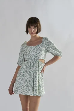Glamorous Day Dresses|Mini Dresses|Green Ditsy Tie Back Square Neck Mini Dresses -