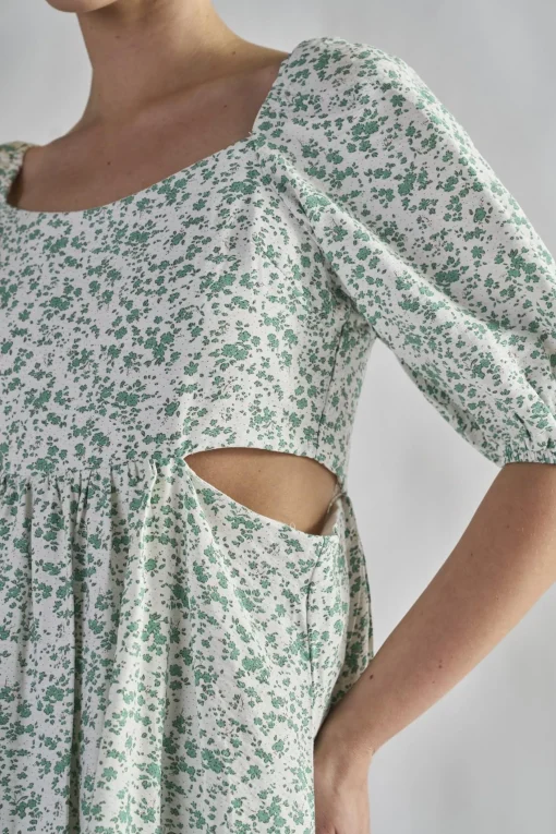 Glamorous Day Dresses|Mini Dresses|Green Ditsy Tie Back Square Neck Mini Dresses -
