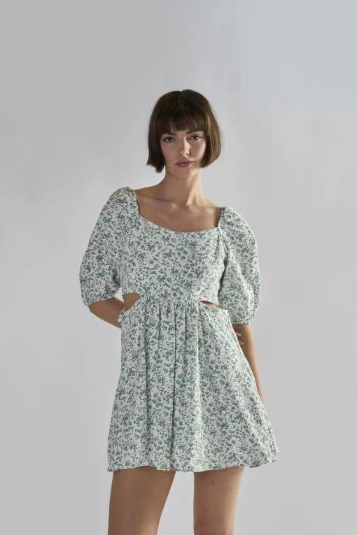 Glamorous Day Dresses|Mini Dresses|Green Ditsy Tie Back Square Neck Mini Dresses -