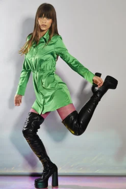 Glamorous Go To Partywear|Party Dresses|Green Fitted-Waist Shirt-Dress -