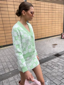 Glamorous Workwear|Co-ords|Green Flower Check Knitted Cardigan -