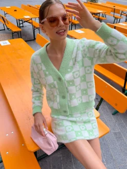 Glamorous Workwear|Co-ords|Green Flower Check Knitted Cardigan -