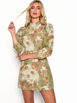 Glamorous Go To Partywear|Mini Dresses|Green Multi Brocade High Neck Puff Shoulder Mini Dress -