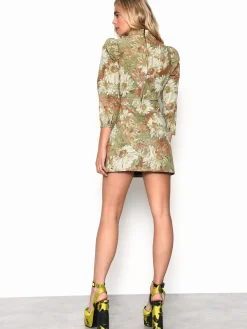 Glamorous Go To Partywear|Mini Dresses|Green Multi Brocade High Neck Puff Shoulder Mini Dress -