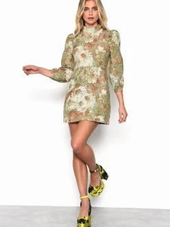 Glamorous Go To Partywear|Mini Dresses|Green Multi Brocade High Neck Puff Shoulder Mini Dress -