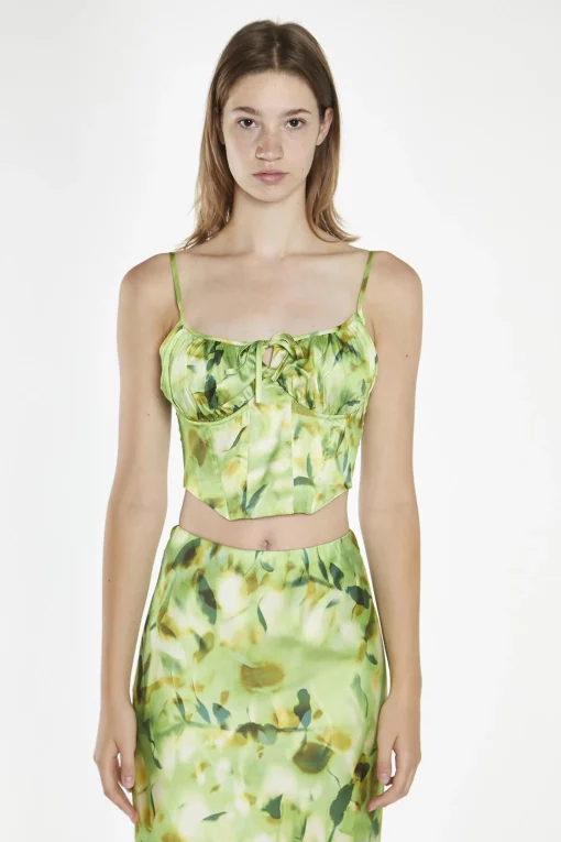 Glamorous Going Out Tops|Co-ords|Green Multi-Blur Tie-Front Corset-Top -
