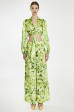 Glamorous Going Out Tops|Co-ords|Green Multi-Blur Tie-Front Crop-Blouse -