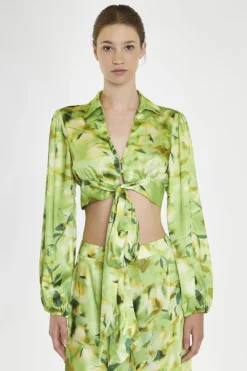 Glamorous Going Out Tops|Co-ords|Green Multi-Blur Tie-Front Crop-Blouse -