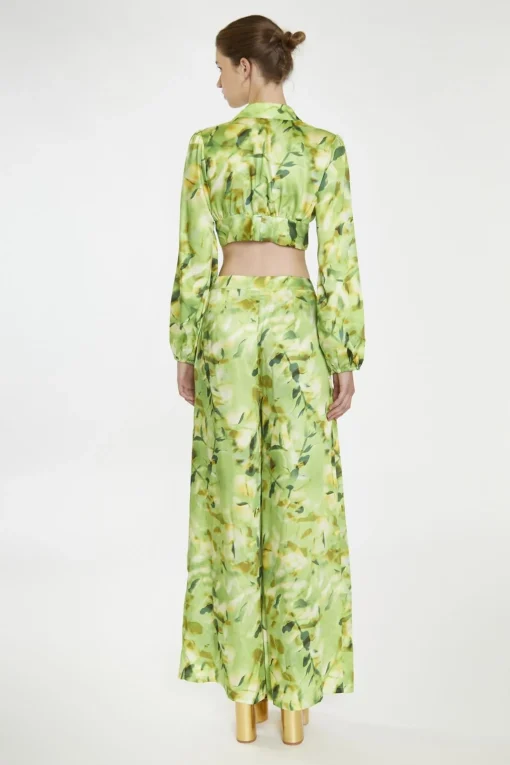 Glamorous Going Out Tops|Co-ords|Green Multi-Blur Tie-Front Crop-Blouse -
