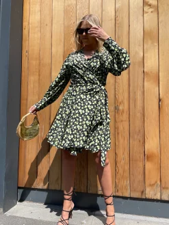 Glamorous Day Dresses|Wrap Dressses|Green Rose Long Sleeve Wrap Mini-dress -