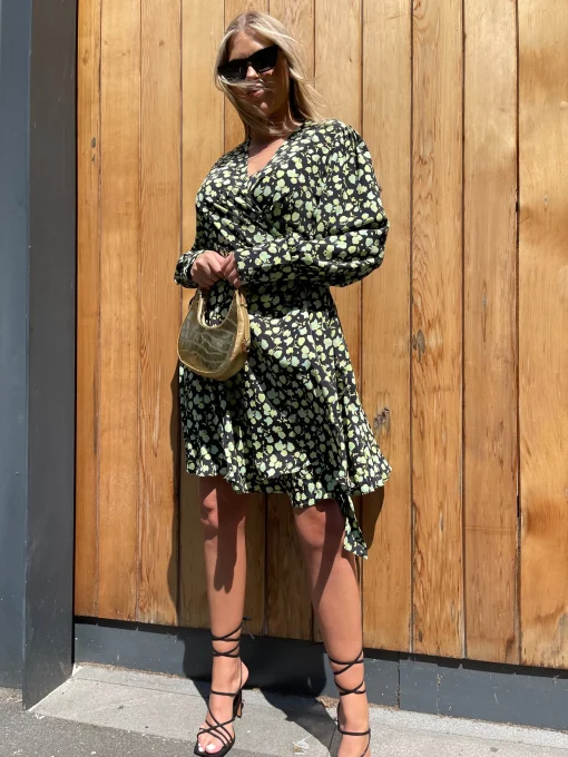 Glamorous Day Dresses|Wrap Dressses|Green Rose Long Sleeve Wrap Mini-dress -