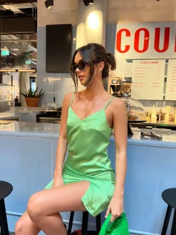 Glamorous Go To Partywear|Day Dresses|Green Satin Split Front Mini-Dress -