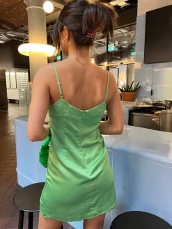 Glamorous Go To Partywear|Day Dresses|Green Satin Split Front Mini-Dress -