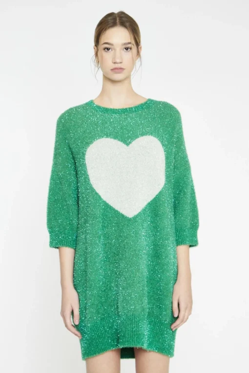 Glamorous Mini Dresses|Mini Dresses|Green White Glitter Heart Sweater Mini-Dress -