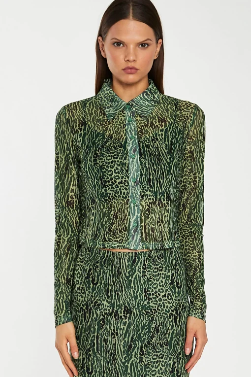 Glamorous Co-ords|Blouses & Shirts|Green-Black Animal Mesh Skinny Fit Shirt -
