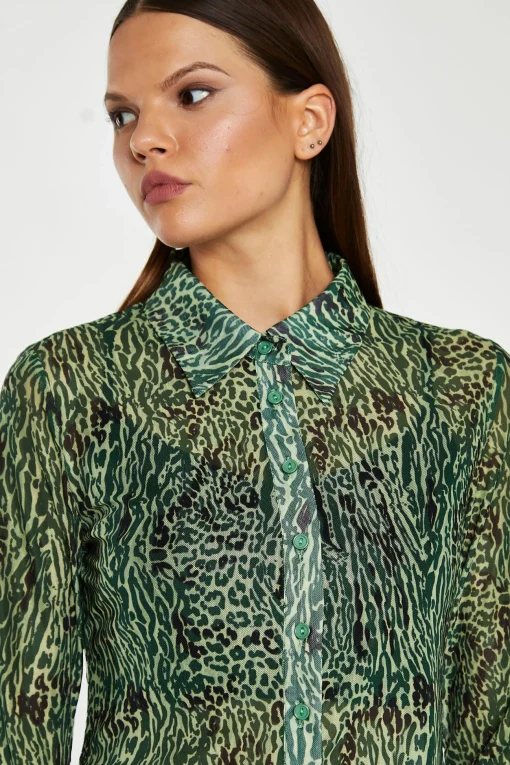 Glamorous Co-ords|Blouses & Shirts|Green-Black Animal Mesh Skinny Fit Shirt -