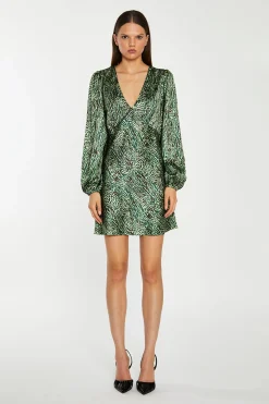 Glamorous Party Dresses|Going Out Dresses|Green-Black Animal V-Neck Puff-Sleeve Mini-Dress -