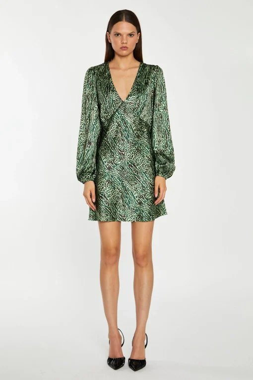 Glamorous Party Dresses|Going Out Dresses|Green-Black Animal V-Neck Puff-Sleeve Mini-Dress -