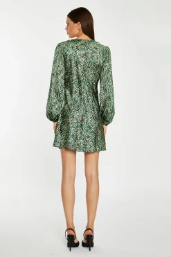 Glamorous Party Dresses|Going Out Dresses|Green-Black Animal V-Neck Puff-Sleeve Mini-Dress -