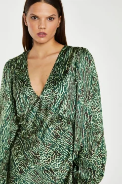 Glamorous Party Dresses|Going Out Dresses|Green-Black Animal V-Neck Puff-Sleeve Mini-Dress -