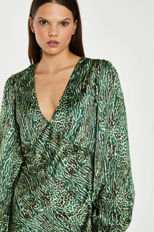 Glamorous Party Dresses|Going Out Dresses|Green-Black Animal V-Neck Puff-Sleeve Mini-Dress -
