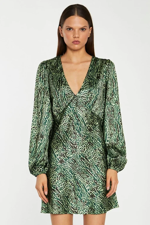 Glamorous Party Dresses|Going Out Dresses|Green-Black Animal V-Neck Puff-Sleeve Mini-Dress -