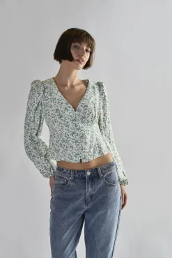 Glamorous Blouses & Shirts|Green-Ditsy V-Neck-Blouse -
